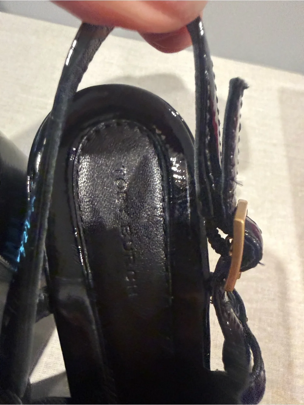 Tory Burch Georgia Black Patent Slingback Heels with Gold Logo